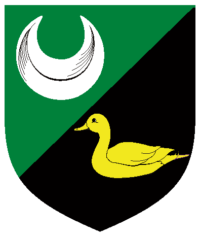 [	  Per bend sinister vert and sable, a crescent argent and a duck naiant Or.]